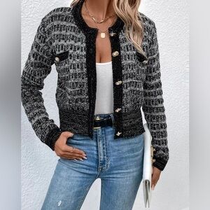 Shein Black and Silver Cardigan with Gold Buttons Size Small